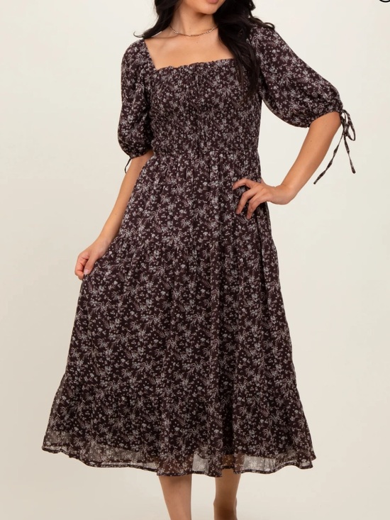 Pinkblush Dresses & Skirts - Pinkblush Dark Brown Floral Smocked Sleeve Tie Midi Dress